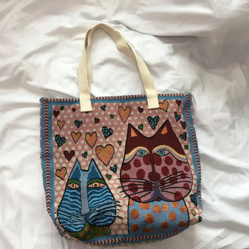 Celvera Shopper Dames - Grote Tote Bag met Katten en Hartjesprint | Casual