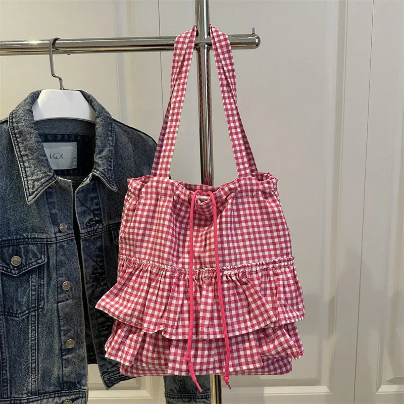 Celvera Tas Dames - Ruche Shopper met Ruitjesprint en Strikje | Zomer