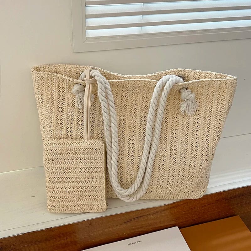Celvera Tas Dames - Gevlochten Shopper met Touwhandvat en Clutch | Zomer