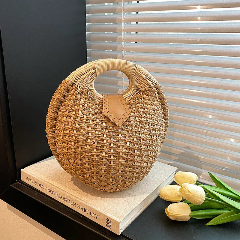 Celvera Tas Dames - Ronde Gevlochten Tas met Houten Handvat | Zomer