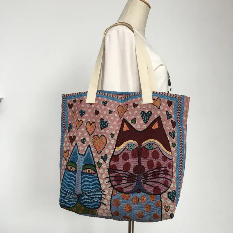 Celvera Shopper Dames - Grote Tote Bag met Katten en Hartjesprint | Casual
