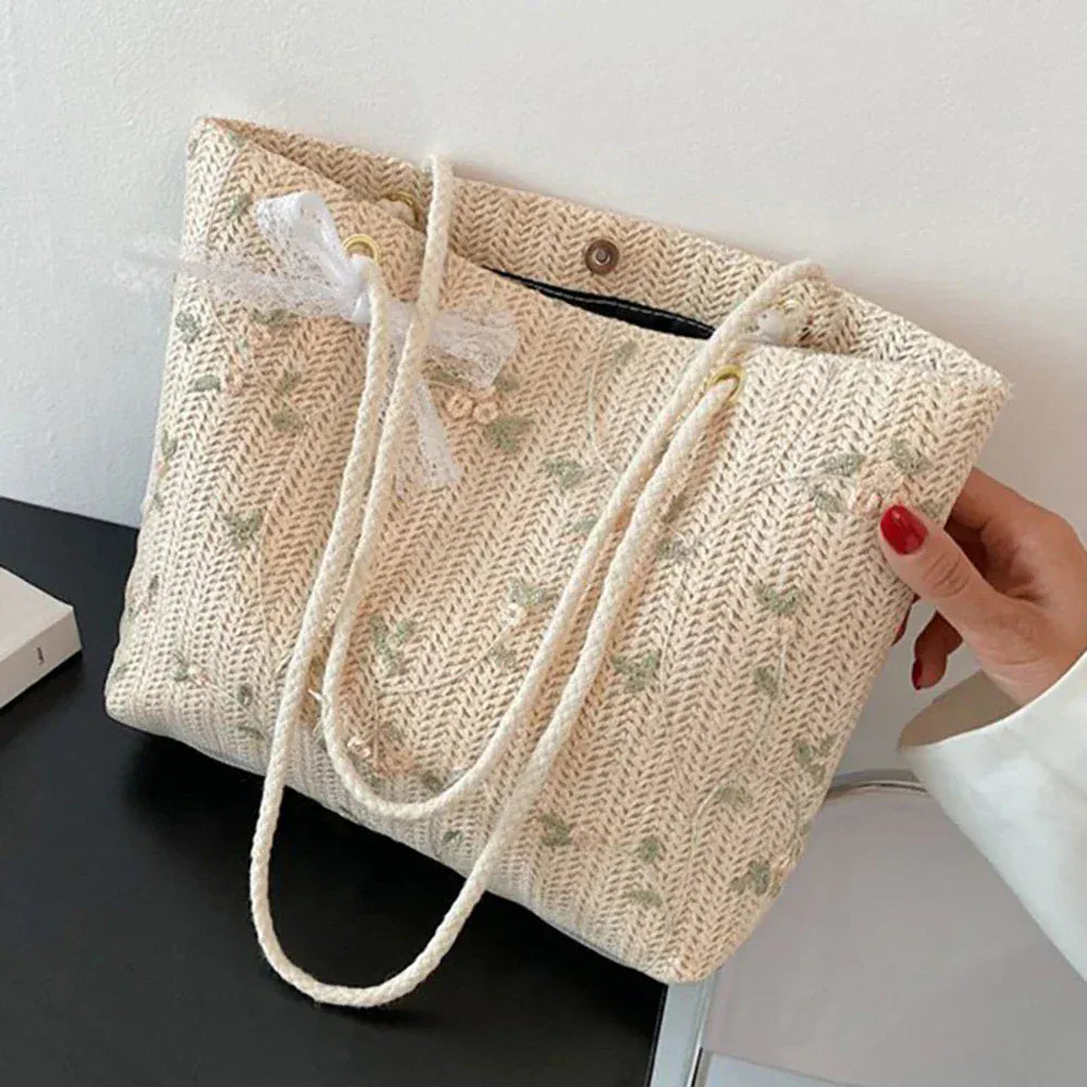 Celvera Tas Dames - Gevlochten Shopper met Bloemen en Touwhandvat | Zomer