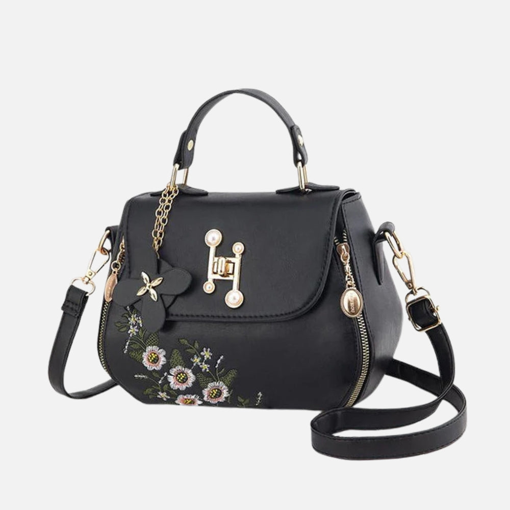 Dames Handtas – Luxe Zwarte Schoudertas met Borduurwerk