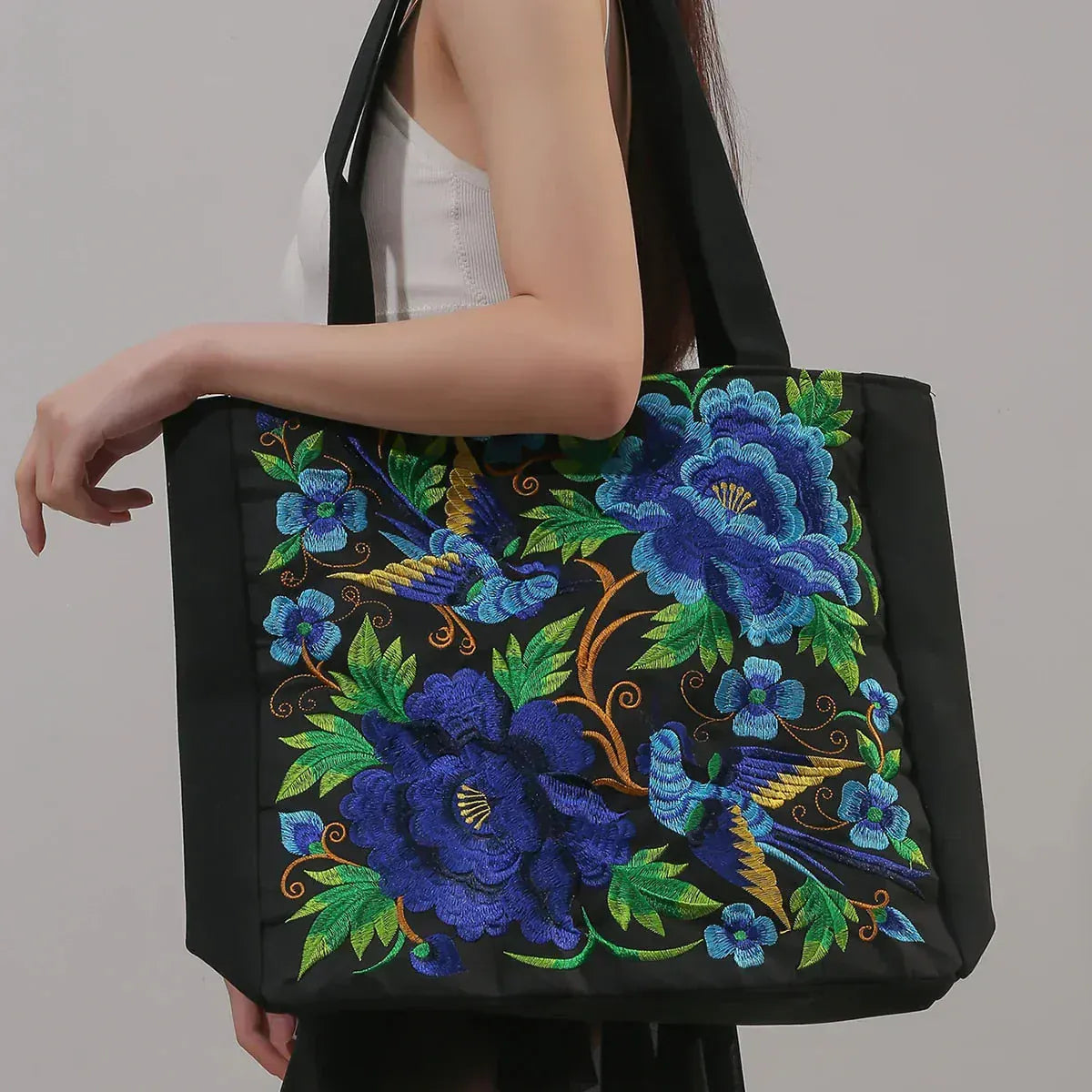 Celvera Tas Dames - Ruime Shopper met Geborduurde Bloemen en Vogelmotief | Bohemien