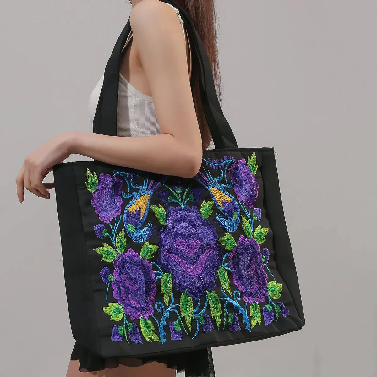 Celvera Tas Dames - Ruime Shopper met Geborduurde Bloemen en Vogelmotief | Bohemien