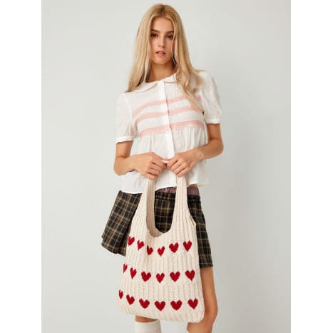 Celvera Tas Dames - Gebreide Shopper met Hartjesprint en Dubbele Hengsels