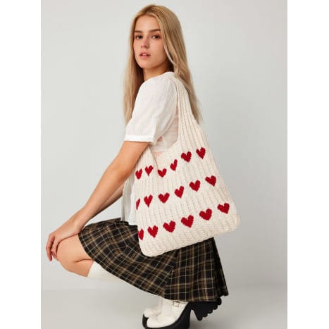 Celvera Tas Dames - Gebreide Shopper met Hartjesprint en Dubbele Hengsels
