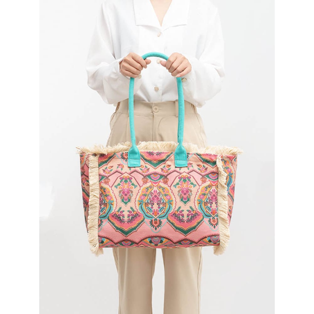 Celvera Tas Dames - Grote Shopper met Franje en Kleurrijk Bohemien Print | Zomer
