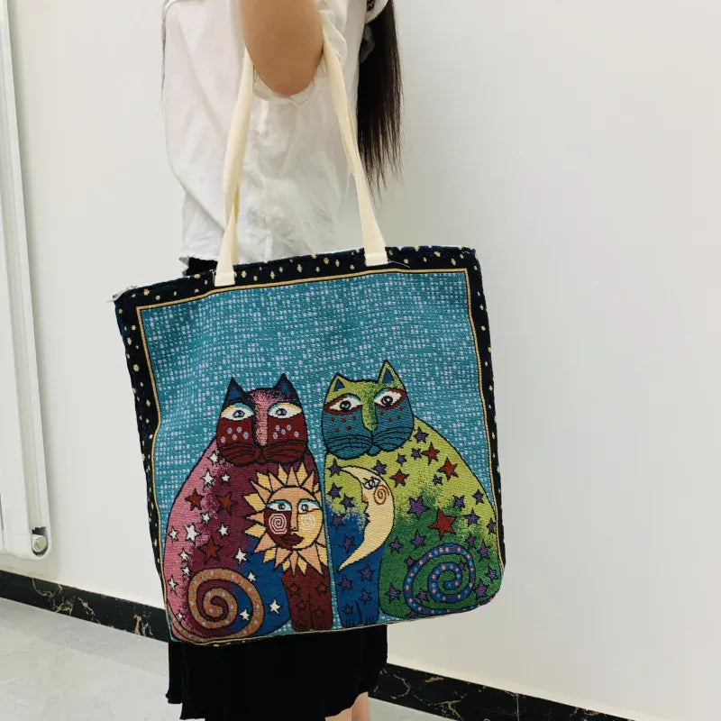 Celvera Shopper Dames - Grote Tote Bag met Katten en Hartjesprint | Casual