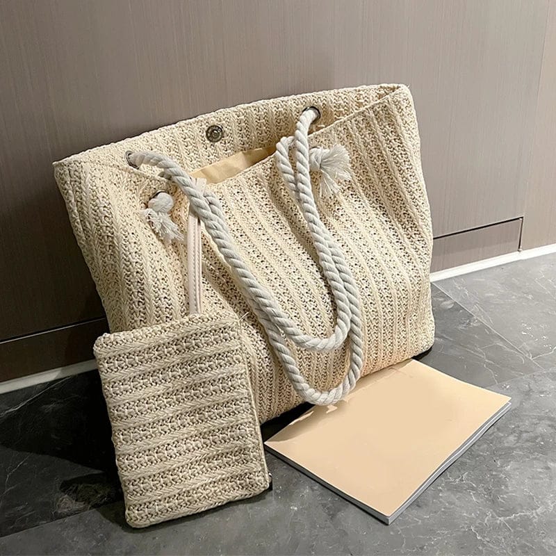 Celvera Tas Dames - Gevlochten Shopper met Touwhandvat en Clutch | Zomer