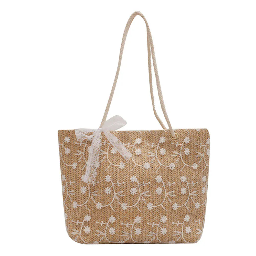 Celvera Tas Dames - Gevlochten Shopper met Bloemen en Touwhandvat | Zomer