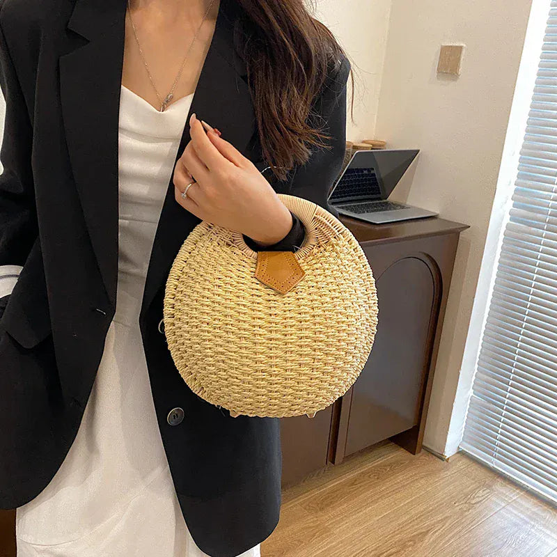 Celvera Tas Dames - Ronde Gevlochten Tas met Houten Handvat | Zomer
