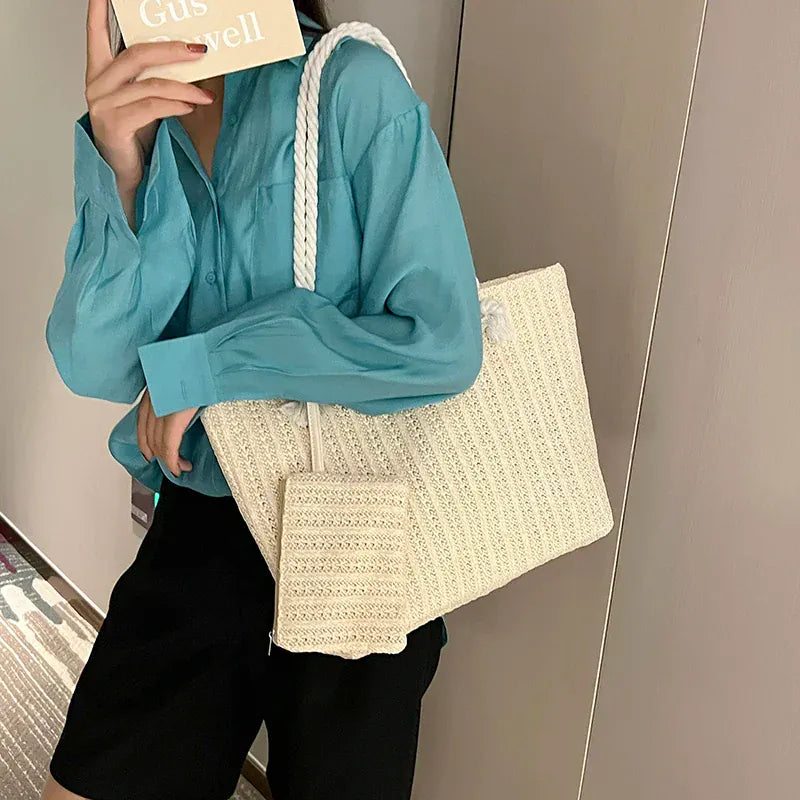 Celvera Tas Dames - Gevlochten Shopper met Touwhandvat en Clutch | Zomer