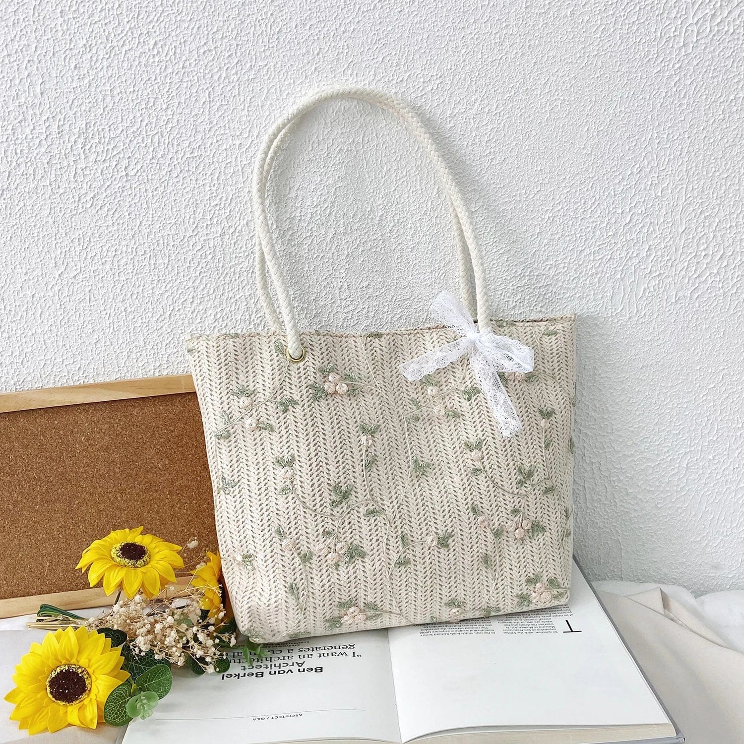 Celvera Tas Dames - Gevlochten Shopper met Bloemen en Touwhandvat | Zomer