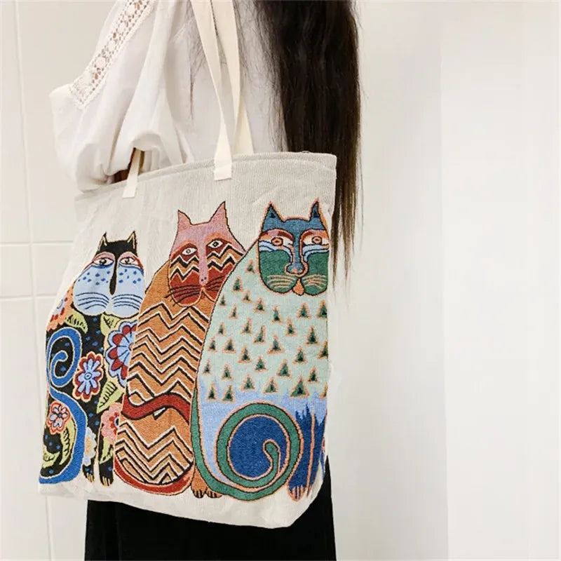 Celvera Shopper Dames - Grote Tote Bag met Katten en Hartjesprint | Casual