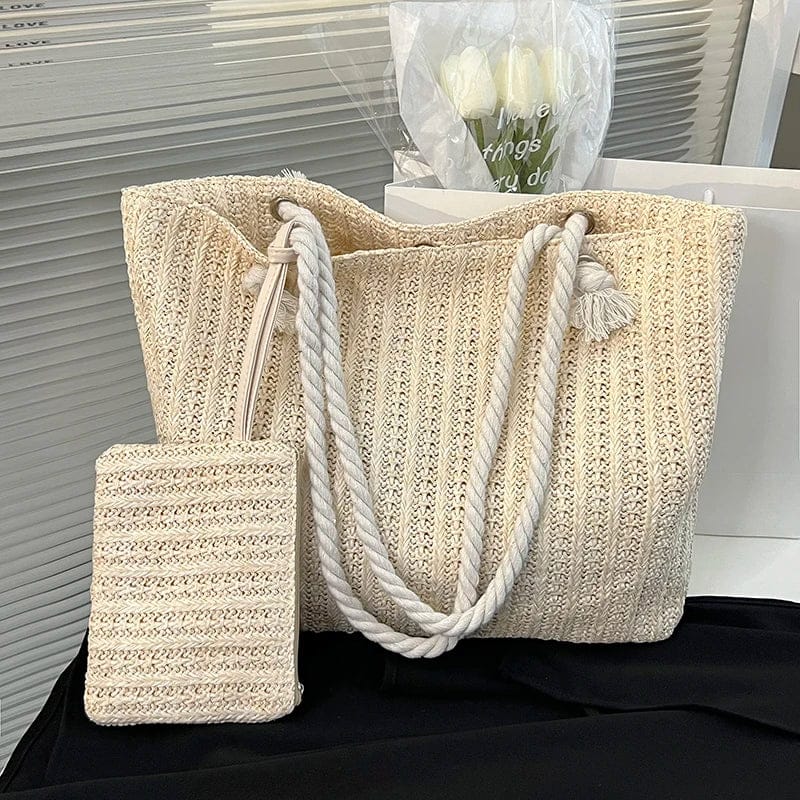 Celvera Tas Dames - Gevlochten Shopper met Touwhandvat en Clutch | Zomer