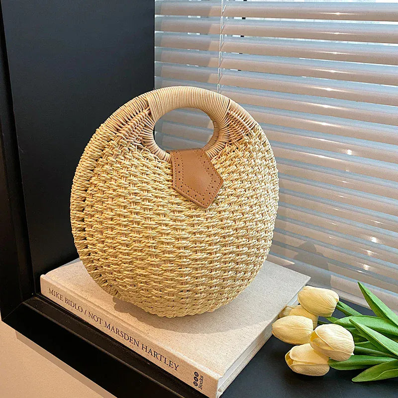 Celvera Tas Dames - Ronde Gevlochten Tas met Houten Handvat | Zomer