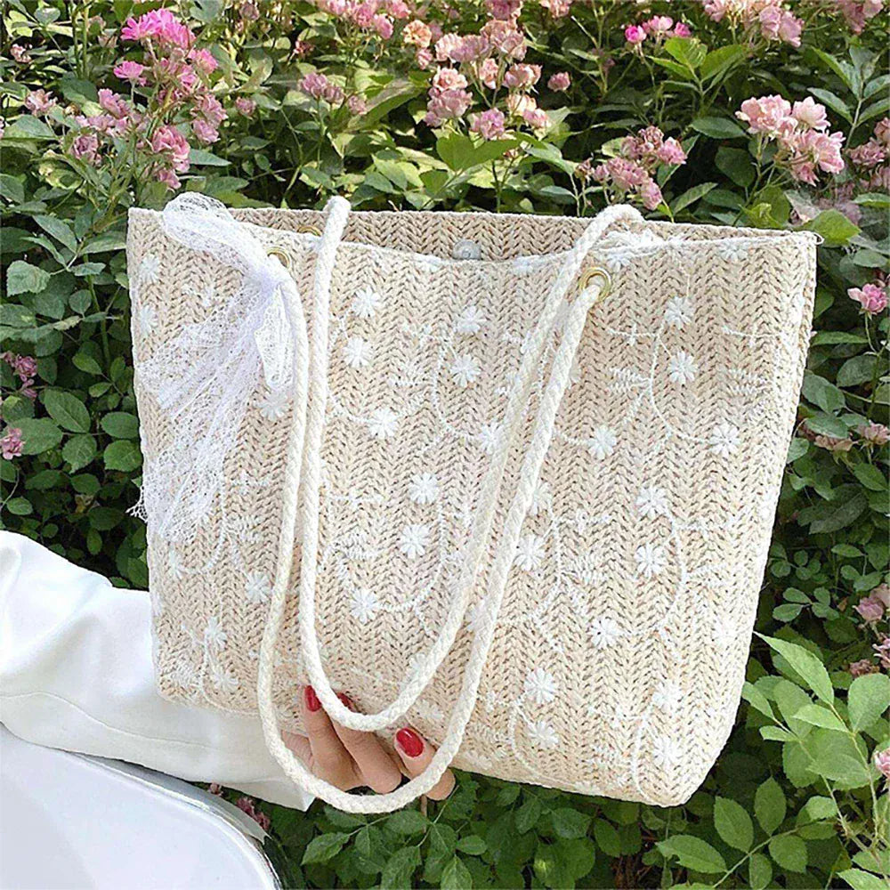 Celvera Tas Dames - Gevlochten Shopper met Bloemen en Touwhandvat | Zomer