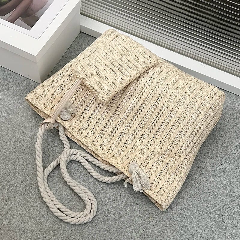 Celvera Tas Dames - Gevlochten Shopper met Touwhandvat en Clutch | Zomer