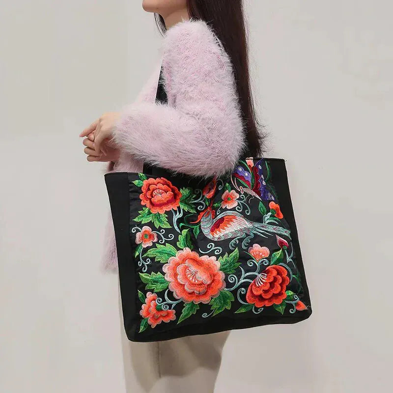 Celvera Tas Dames - Ruime Shopper met Geborduurde Bloemen en Vogelmotief | Bohemien