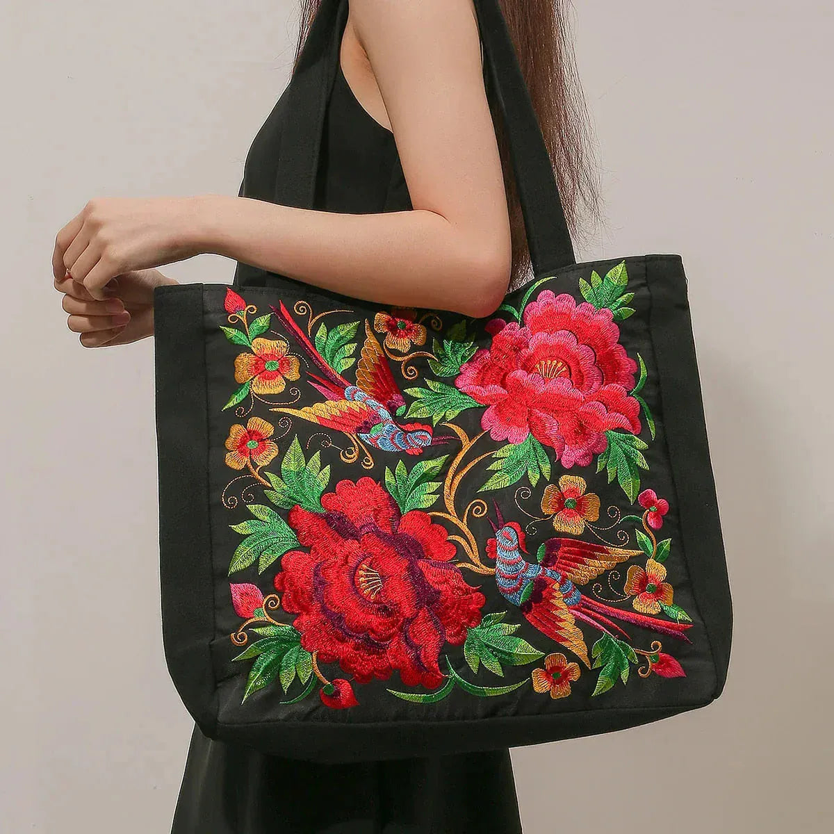 Celvera Tas Dames - Ruime Shopper met Geborduurde Bloemen en Vogelmotief | Bohemien