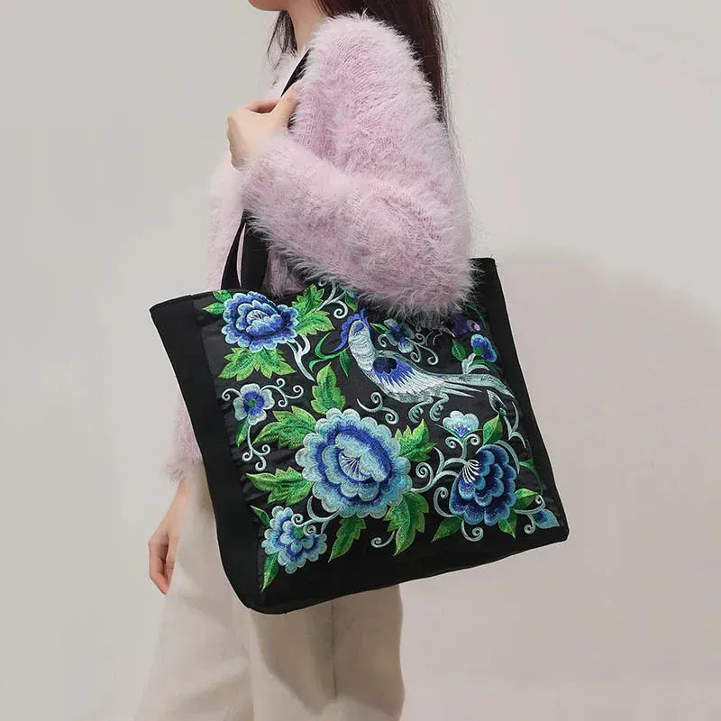 Celvera Tas Dames - Ruime Shopper met Geborduurde Bloemen en Vogelmotief | Bohemien