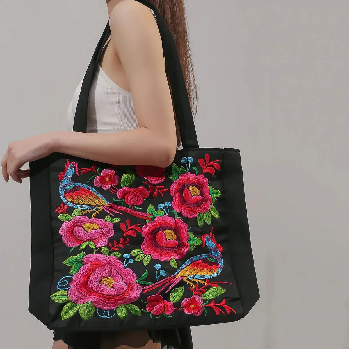 Celvera Tas Dames - Ruime Shopper met Geborduurde Bloemen en Vogelmotief | Bohemien